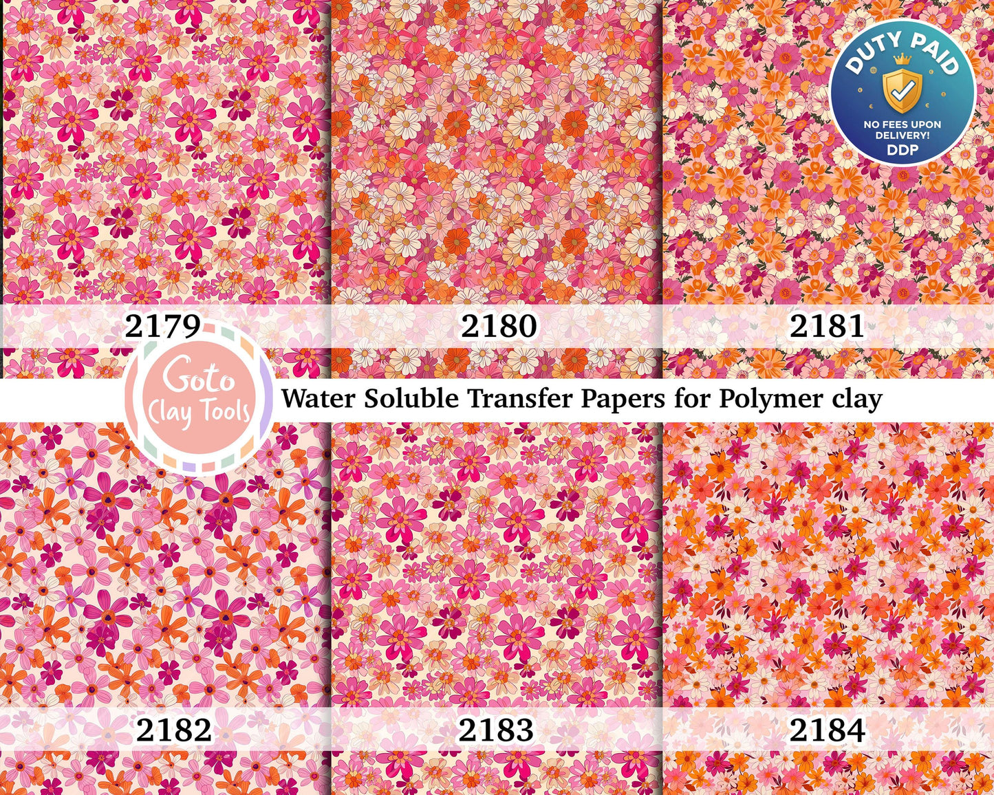 Retro Floral Polymer Clay Transfer Paper: Orange & Pink