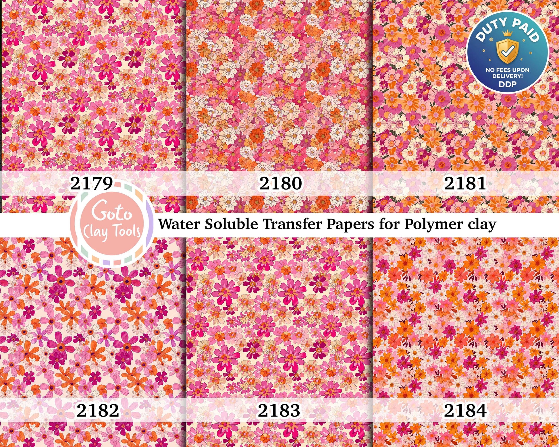 Retro Floral Polymer Clay Transfer Paper: Orange & Pink