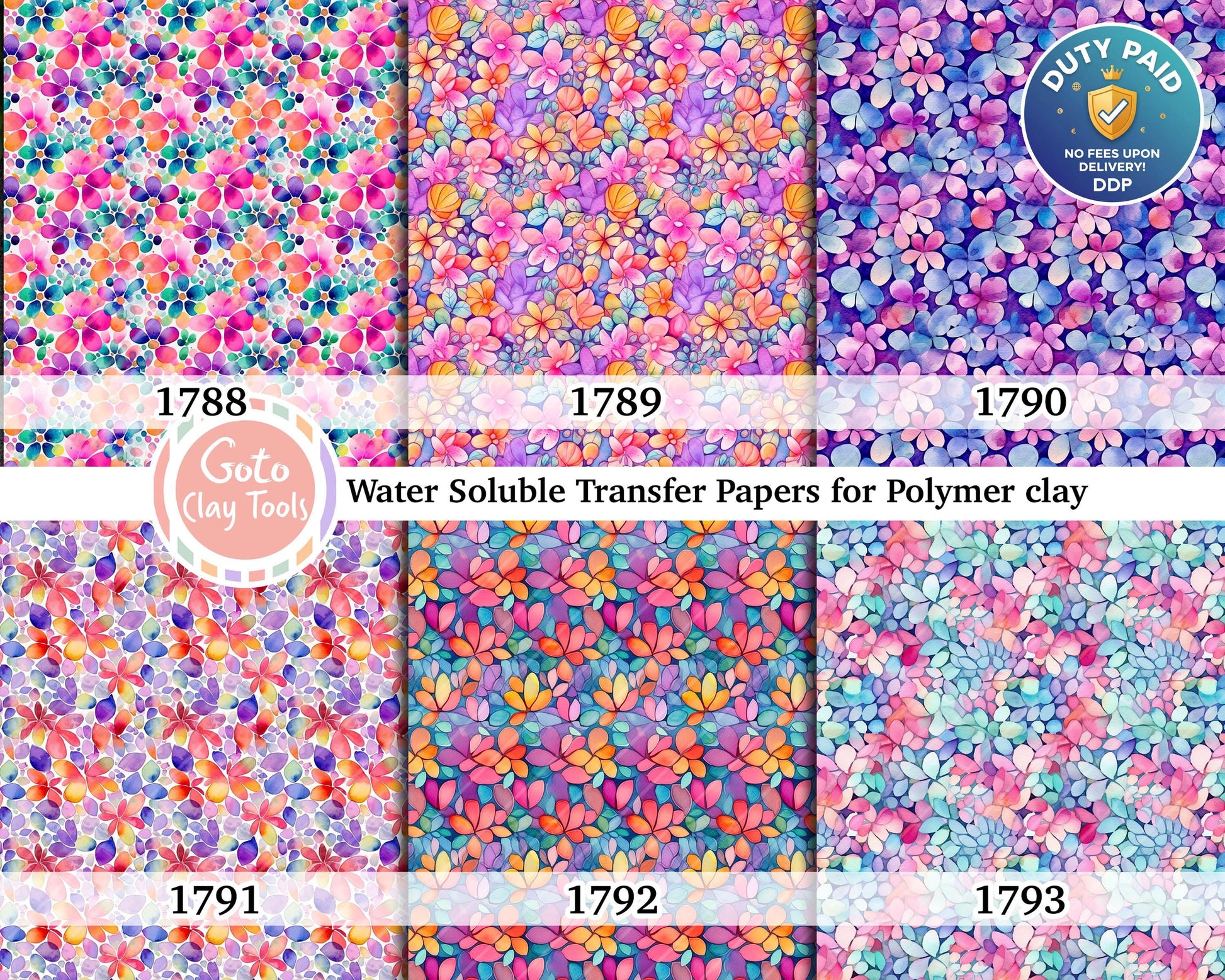 Watercolor Floral Transfer Paper for Polymer Clay (4x5.5 inches)