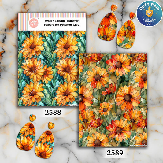 Sunflower Stained Glass Transfer paper for polymer Clay Earring Making - Water Soluble Transfer Sheet 4x5.5 in