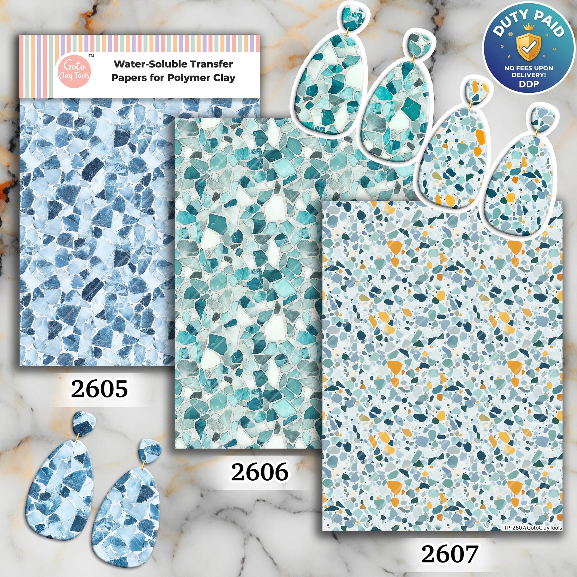 Blue Terrazzo Transfer paper for polymer Clay Earring Making - Water Soluble Transfer Sheet 4x5.5 in