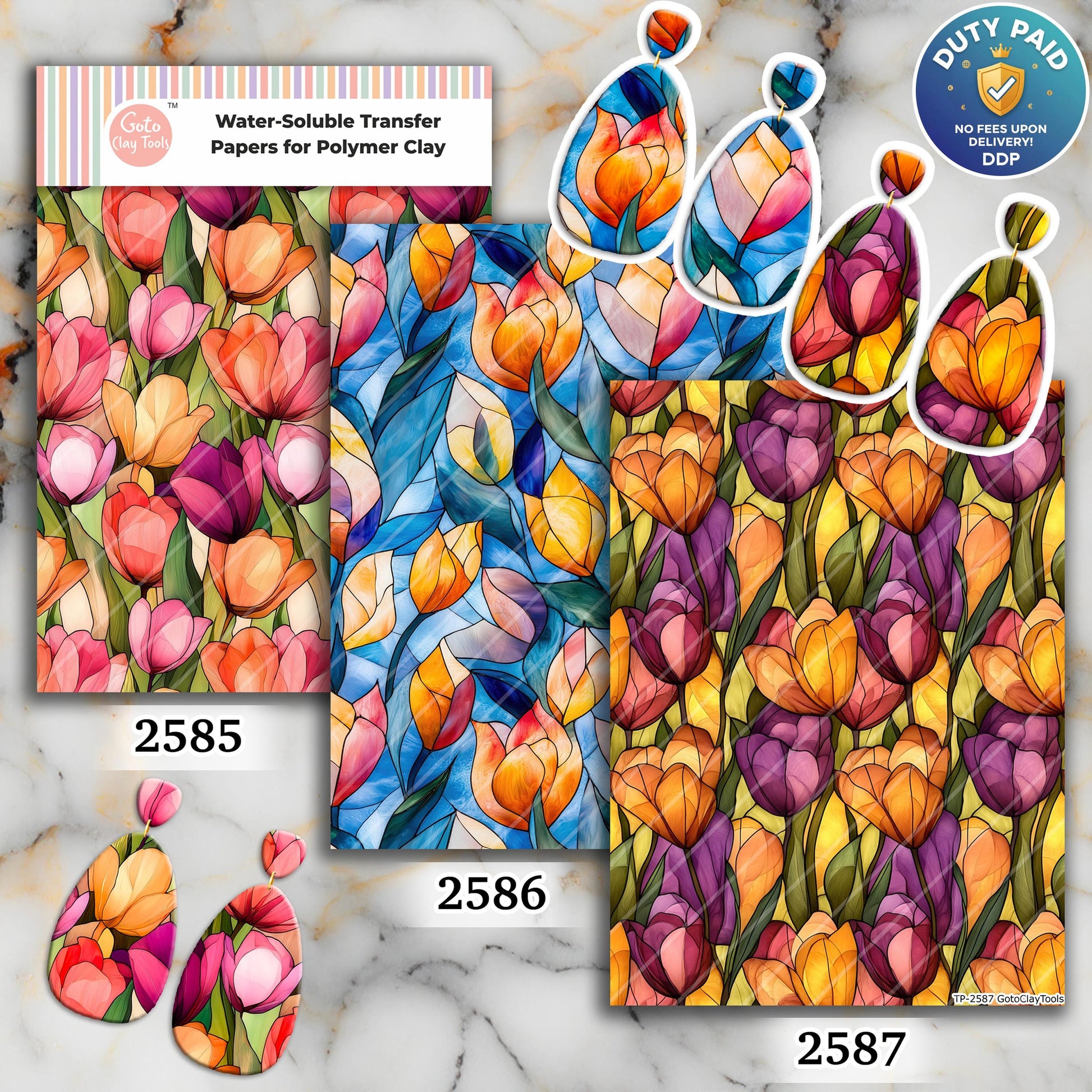 Stained Glass Tulips Transfer paper for polymer Clay Earring Making - Water Soluble Transfer Sheet 4x5.5 in