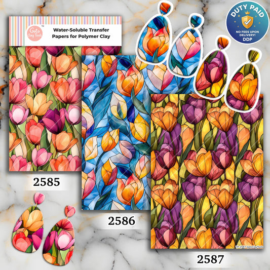 Stained Glass Tulips Transfer paper for polymer Clay Earring Making - Water Soluble Transfer Sheet 4x5.5 in