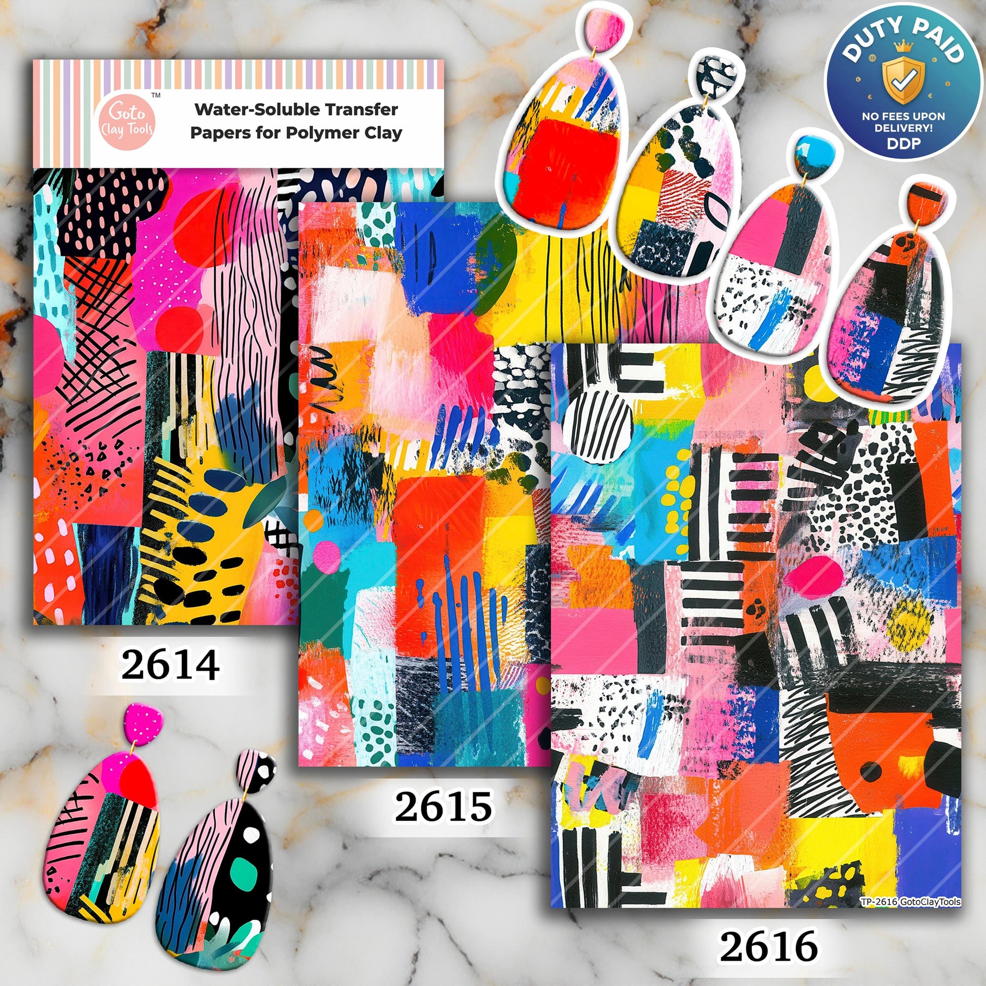 Colorful Collage Water soluble Transfer paper for polymer Clay Earring Making - 4x5.5 in