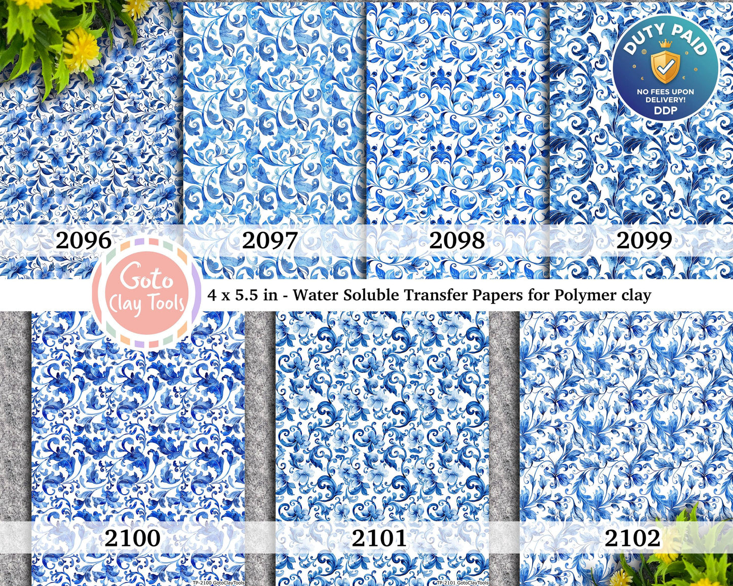 Blue Floral Water Soluble Transfer Paper for Polymer Clay (4x5.5 inches)