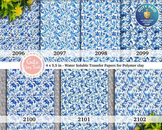 Blue Floral Water Soluble Transfer Paper for Polymer Clay (4x5.5 inches)