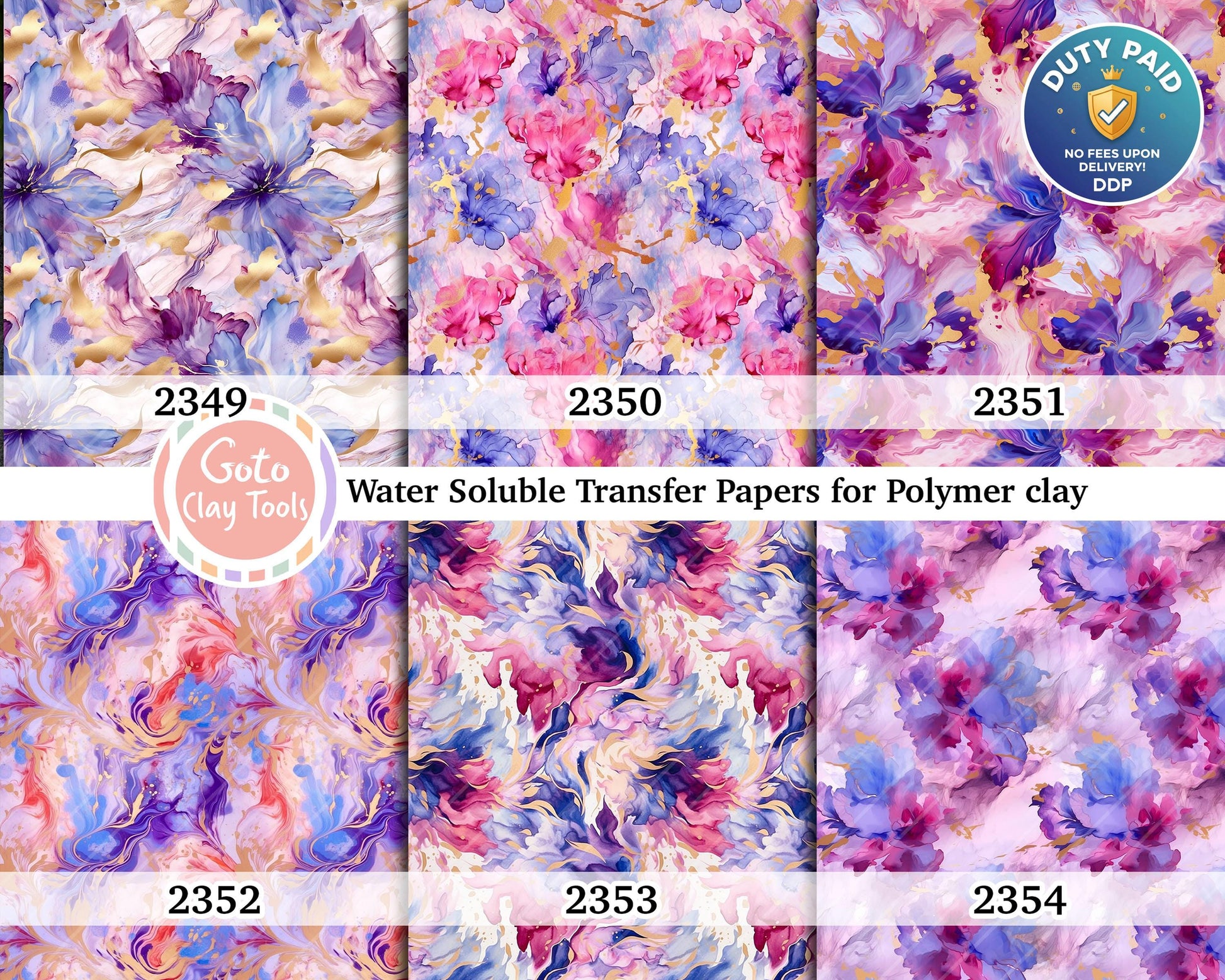 Floral Polymer Clay Transfer Paper: Purple & Pink Liquid Design