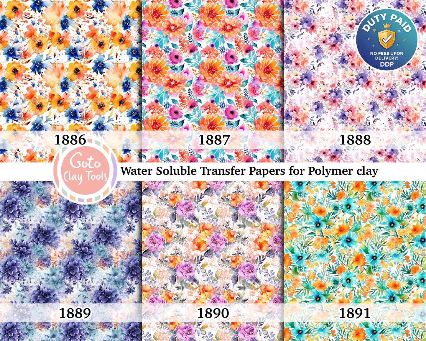 Blue Floral Water Soluble Transfer Paper for Polymer Clay (4x5.5 inches)