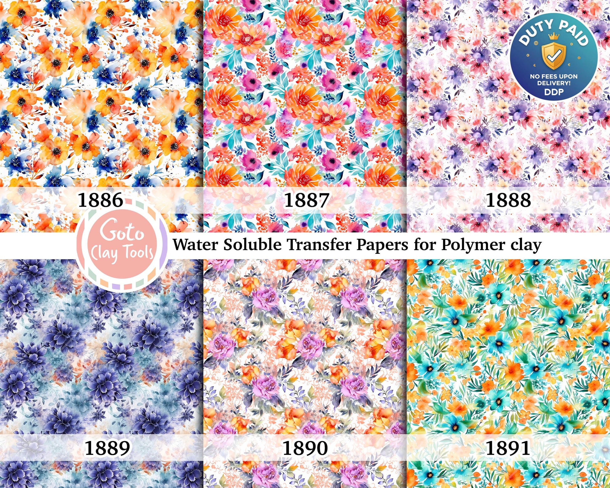 Blue Floral Water Soluble Transfer Paper for Polymer Clay (4x5.5 inches)