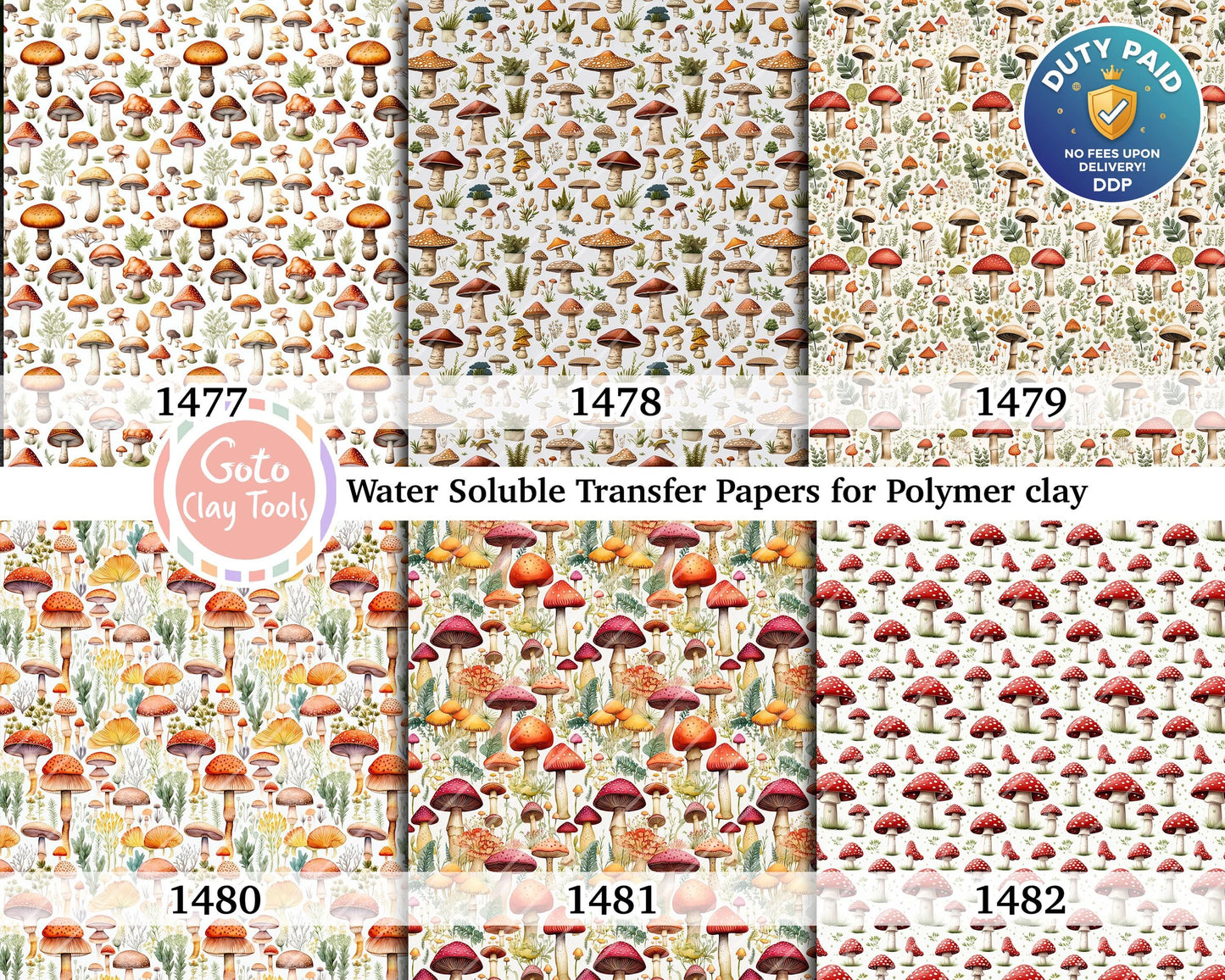 Mushroom Pattern Water Soluble Transfer Paper for Polymer Clay