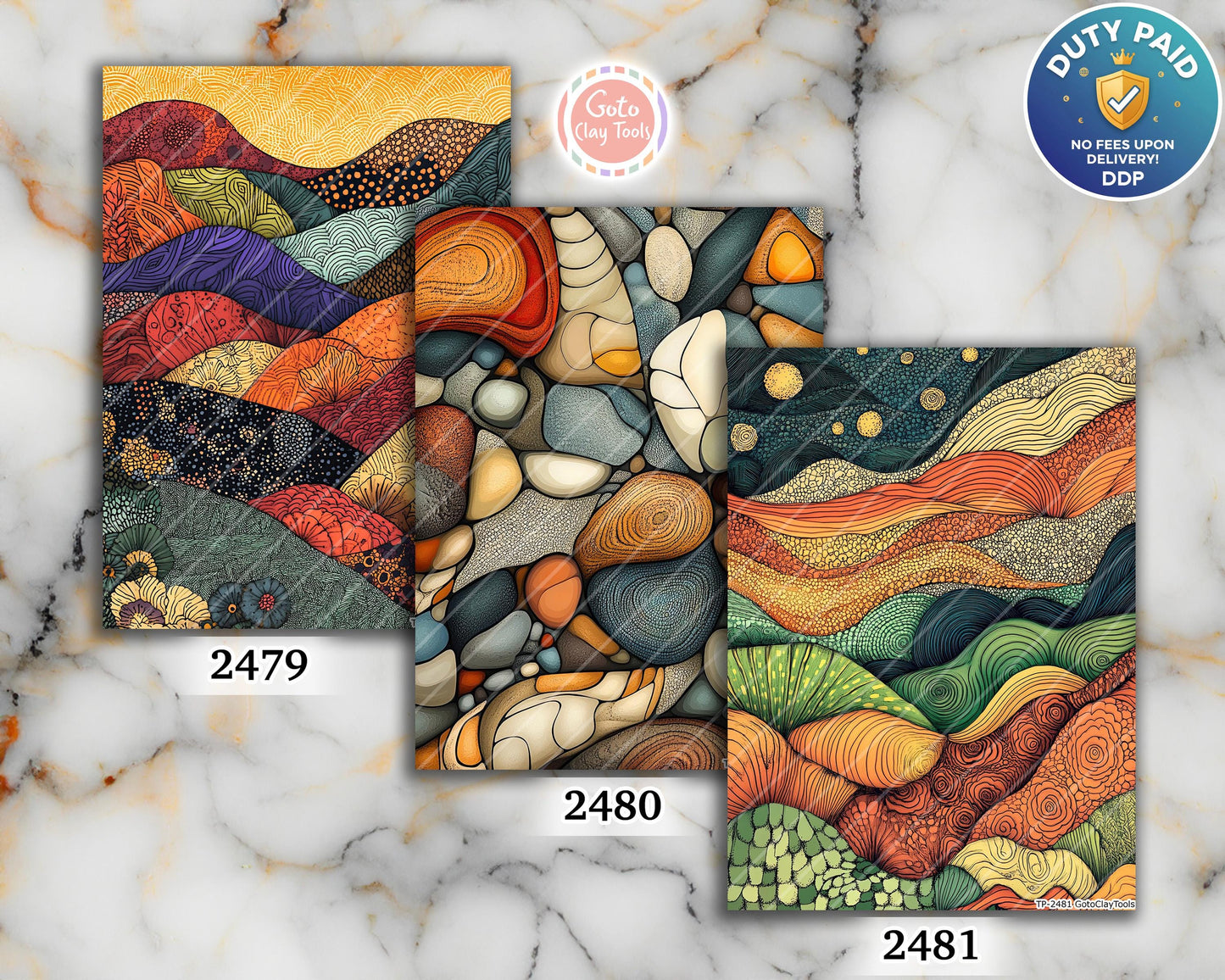 Earthy Zentangle Transfer Paper for Polymer Clay: Colorful waves (4x5.5 inches)