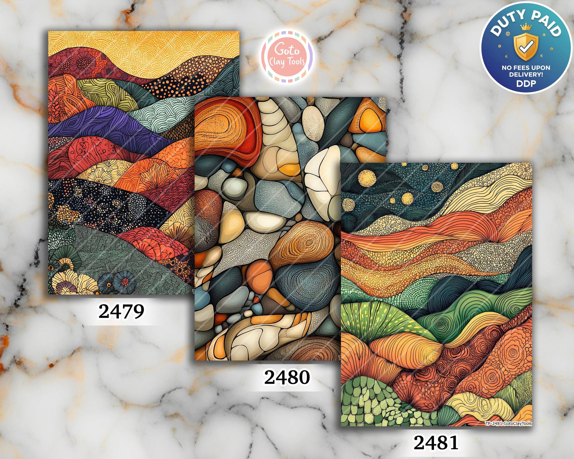 Earthy Zentangle Transfer Paper for Polymer Clay: Colorful waves (4x5.5 inches)