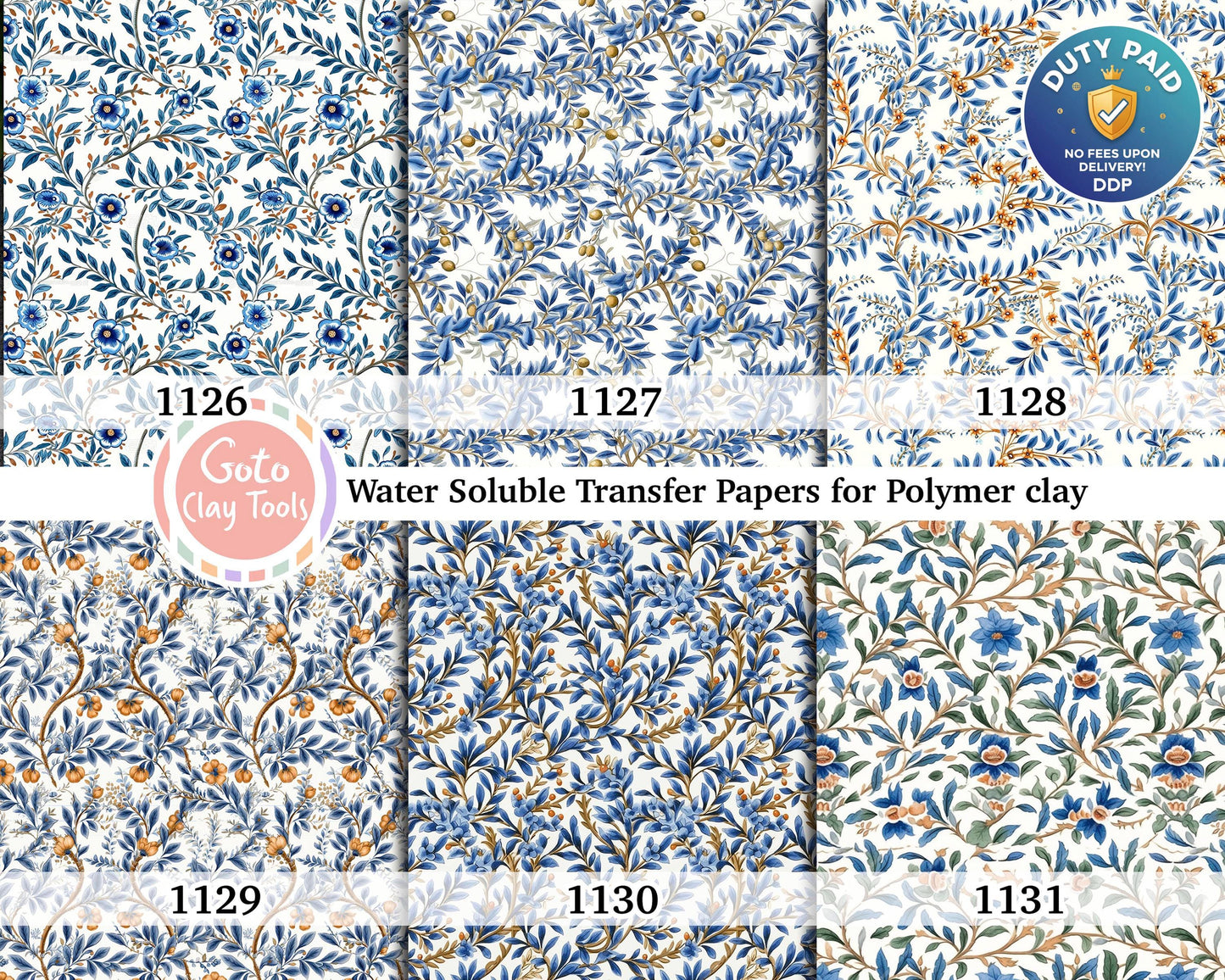 Blue Chinoiserie Polymer Clay Transfer Paper: Water Soluble