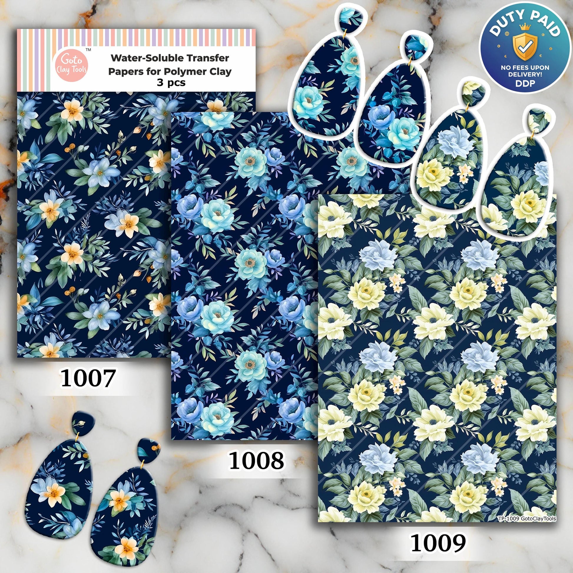 Blue Floral Polymer Clay Transfer Paper: Water Soluble