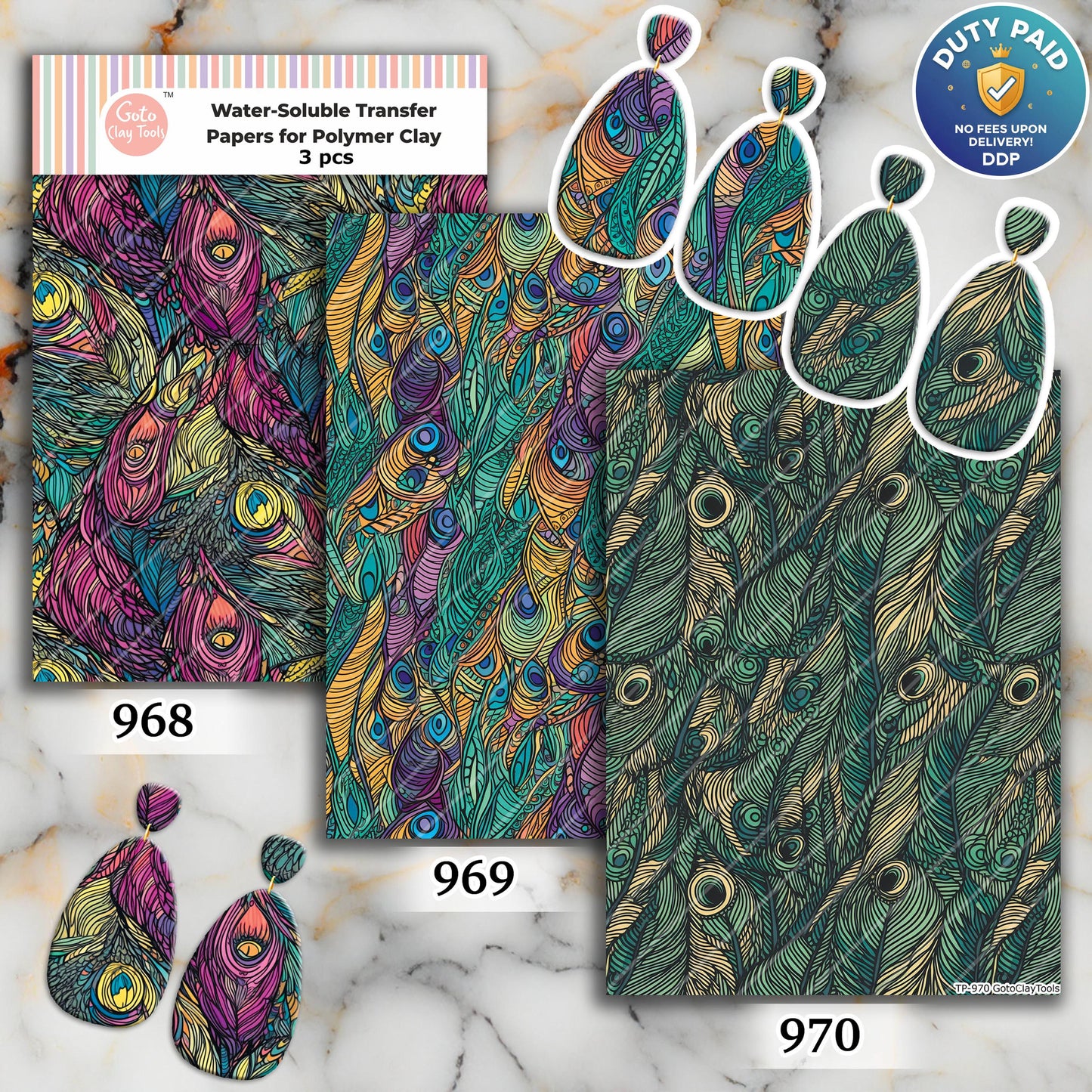 Water soluble Transfer paper for polymer clay, Peacock feather patterns, polymer clay image transfers, magic transfer paper