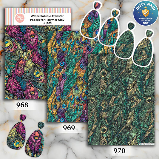 Water soluble Transfer paper for polymer clay, Peacock feather patterns, polymer clay image transfers, magic transfer paper