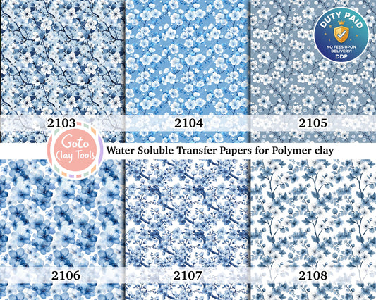 Water soluble Transfer paper for polymer clay, Blue Chinoiserie floral, polymer clay image transfers, magic transfer paper
