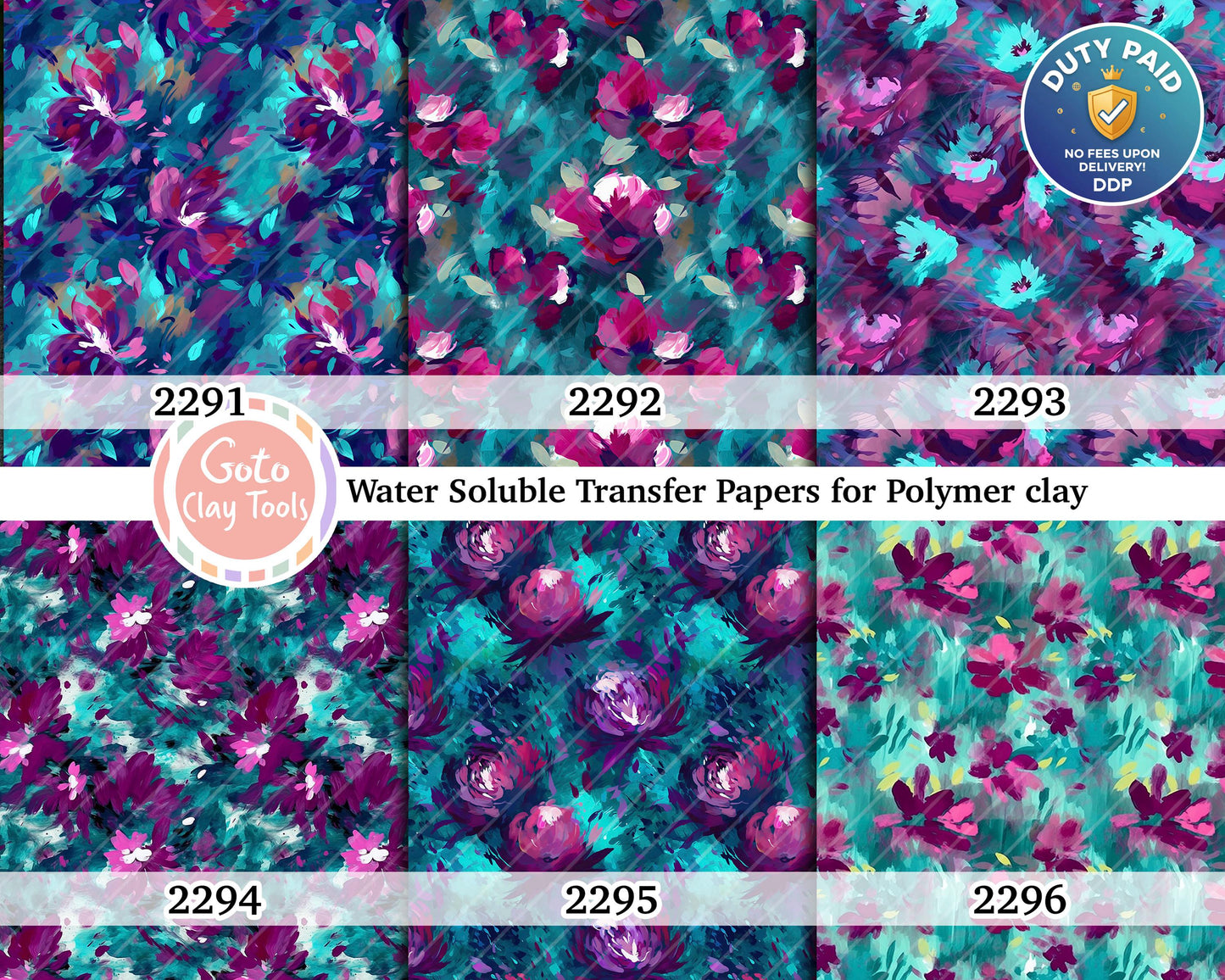 Water soluble Transfer paper for polymer clay, Teal and purple abstract floral pattern, polymer clay image transfers, magic transfer paper