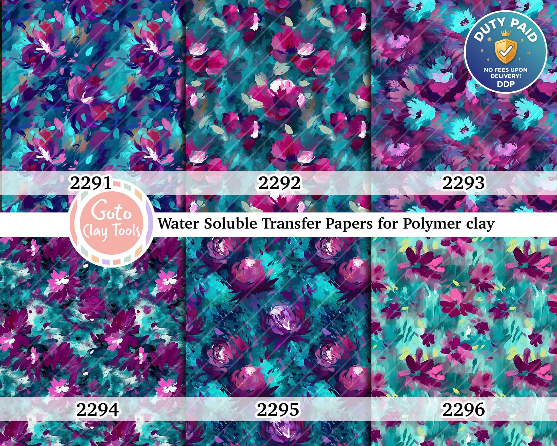 Water soluble Transfer paper for polymer clay, Teal and purple abstract floral pattern, polymer clay image transfers, magic transfer paper