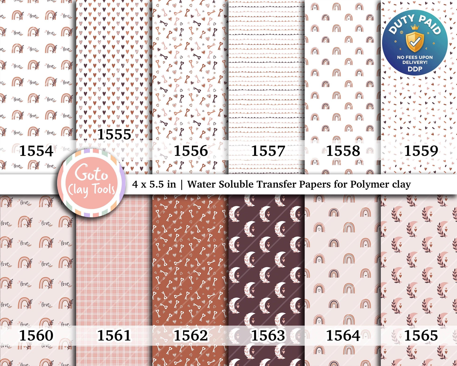 Valentine Water soluble Transfer paper for polymer clay, Bohemian love heart rainbow key, polymer clay image transfers, magic transfer paper