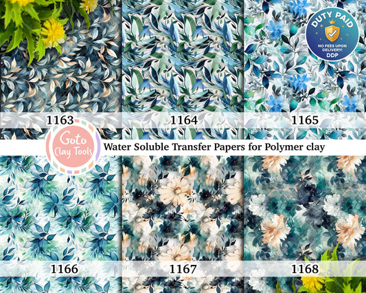 Water soluble Transfer paper for polymer clay, Abstract Aqua leaves and floral pattern, polymer clay image transfers, magic transfer paper