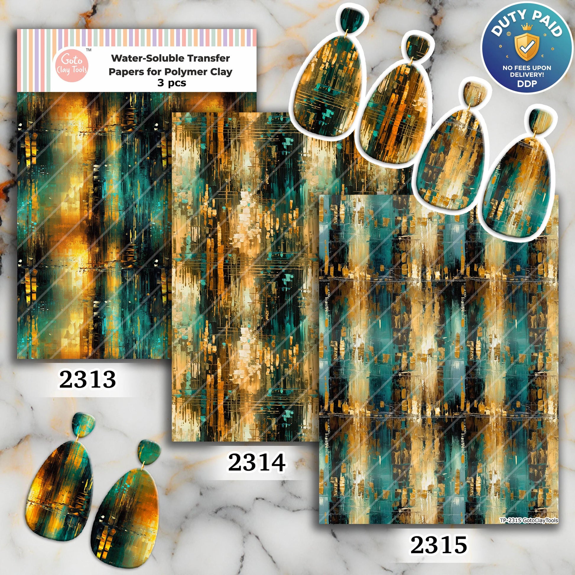 Water soluble Transfer paper for polymer clay, Teal and gold abstract pattern, polymer clay image transfers, magic transfer paper