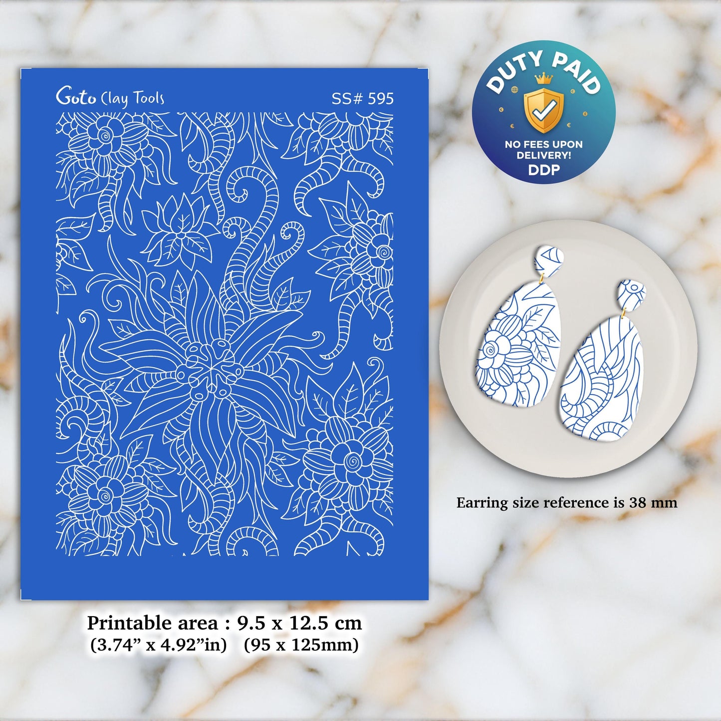 Floral Silkscreen for Polymer Clay Earrings: Hand-Drawn Stencil (3.74x4.92" Printable Area) SS#595