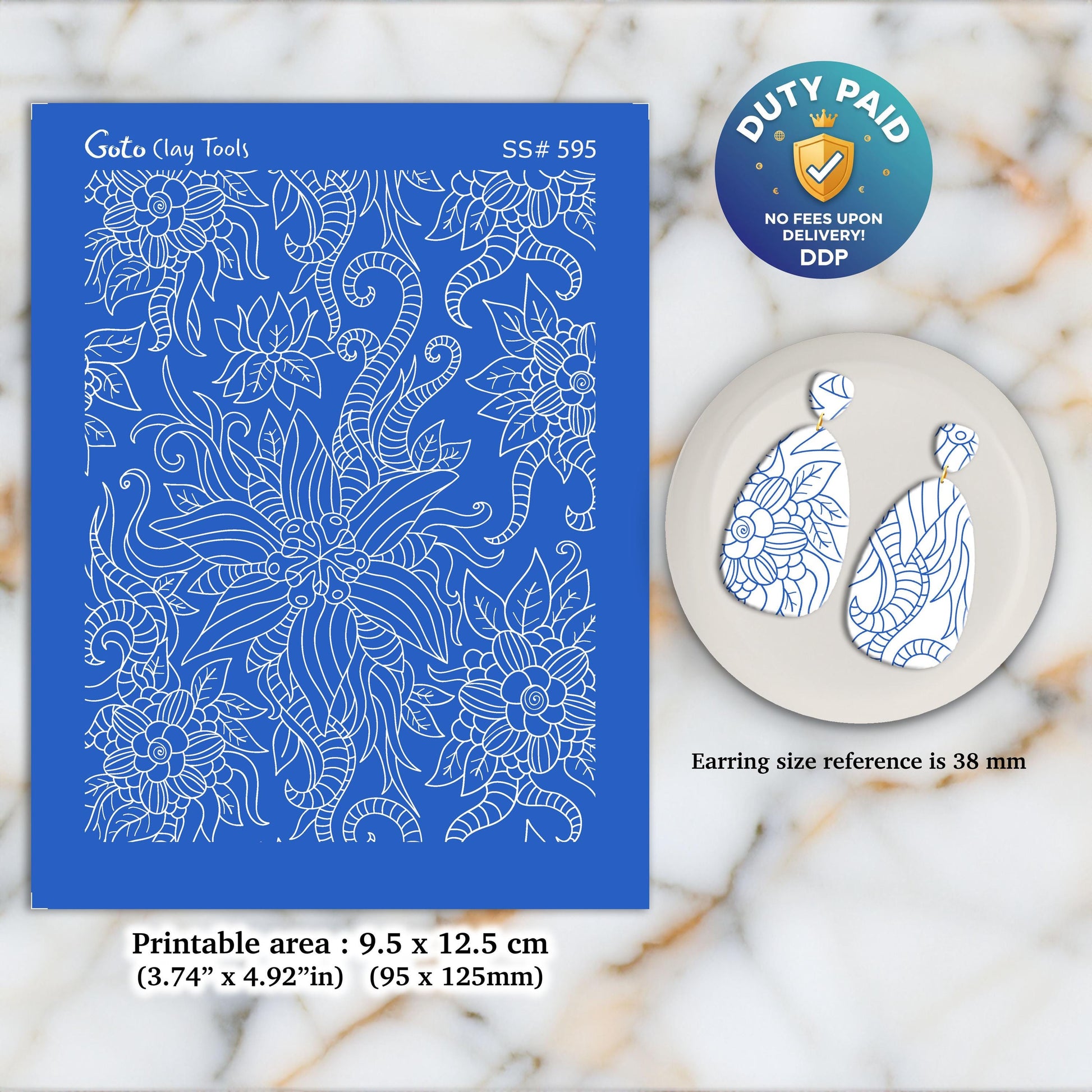 Floral Silkscreen for Polymer Clay Earrings: Hand-Drawn Stencil (3.74x4.92" Printable Area) SS#595