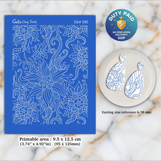 Floral Silkscreen for Polymer Clay Earrings: Hand-Drawn Stencil (3.74x4.92" Printable Area) SS#595