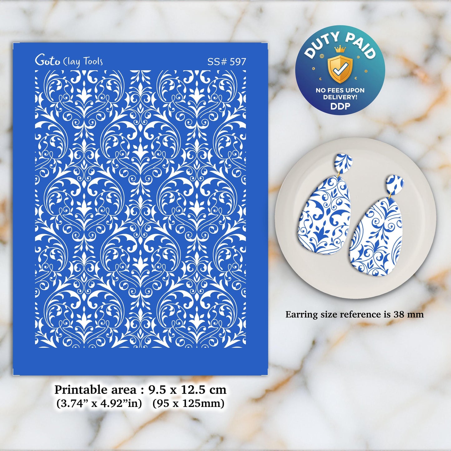 Damask Silkscreen for Polymer Clay Earrings: Jewelry Making Stencil SS#597