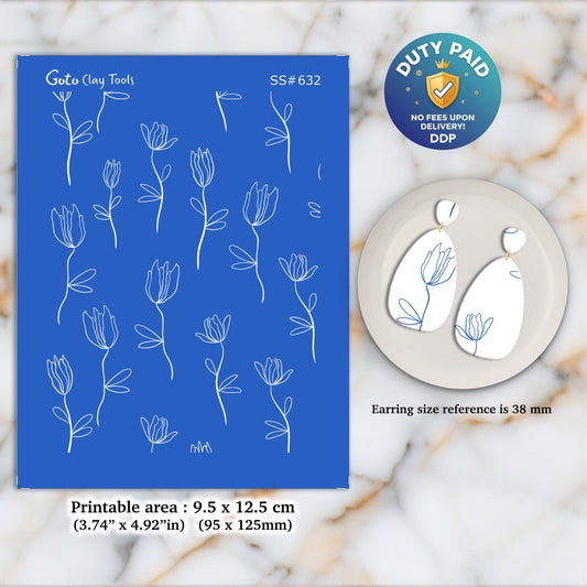 Tulips Silkscreen for Polymer Clay Earring making, Clay Stencils, Clay Earring Silkscreen, Polymer Clay Supplies SS#632