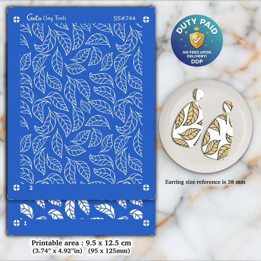 Leaf Silkscreen for Polymer Clay Earrings: 2-Layer Stencil (3.74x4.92" Printable Area) SS#744