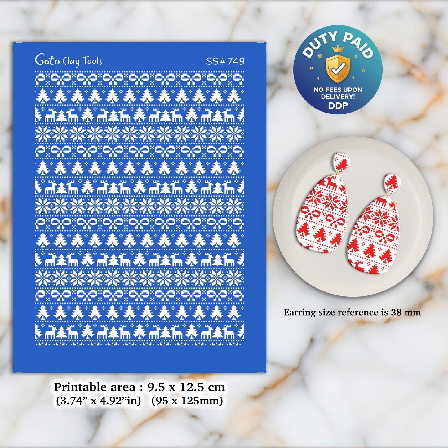 Christmas Silkscreen for Polymer Clay Earrings: Stencil SS#749-Single