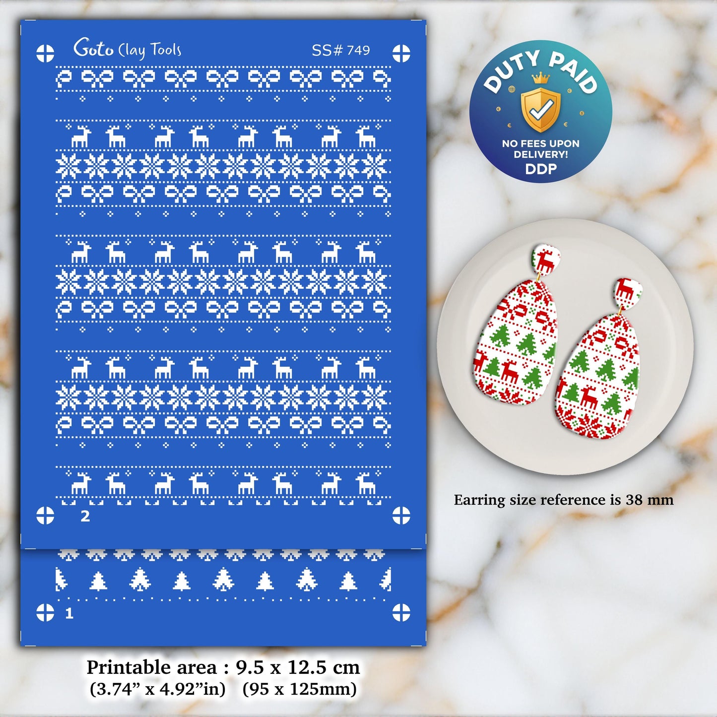 Christmas Silkscreen for Polymer Clay Earrings: 2-Layer Stencil (3.74x4.92" Printable Area) SS#749