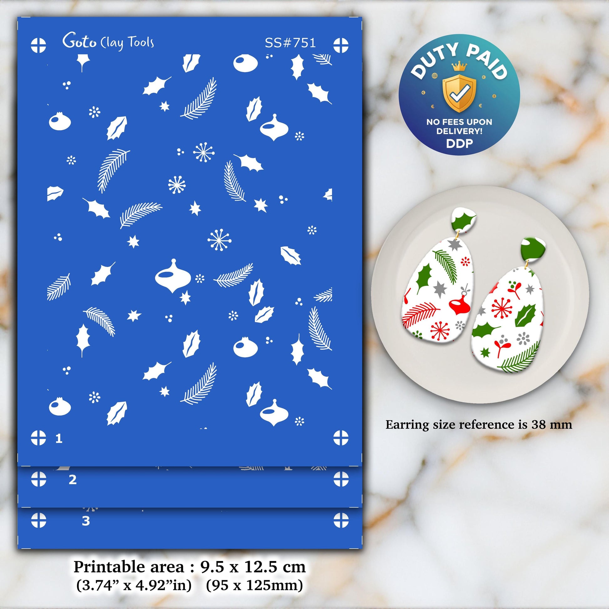 Christmas Silkscreen for Polymer Clay Earrings: 3-Layer Stencil (3.74x4.92" Printable Area) SS#751