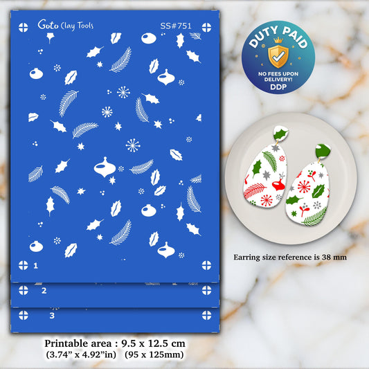 Christmas Silkscreen for Polymer Clay Earrings: 3-Layer Stencil (3.74x4.92" Printable Area) SS#751