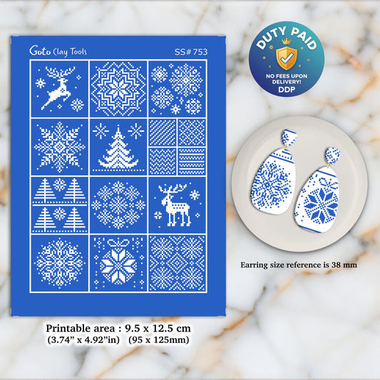 Christmas Silkscreen for Polymer Clay Earring making, Clay Stencils, Clay Earring Silkscreen, Polymer Clay Supplies SS#753