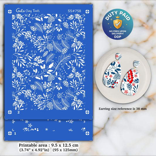 Christmas Berry Silkscreen for Polymer Clay Earrings: 2-Layer Stencil (9.5x12.5cm) SS#758
