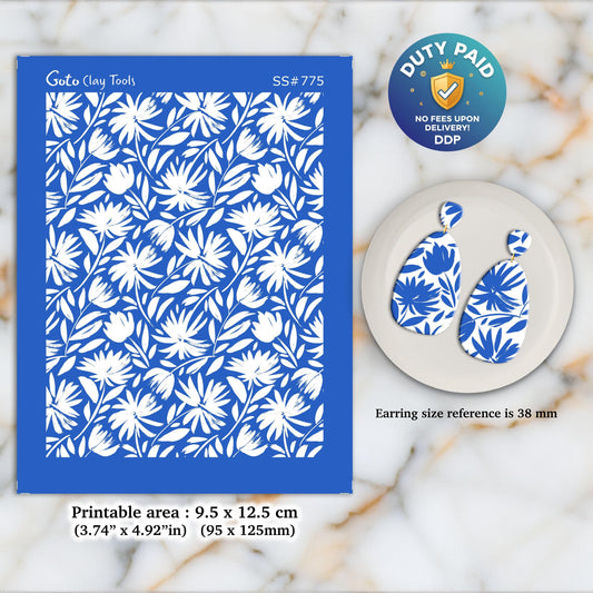 Floral Silkscreen for Polymer Clay Earrings: Clay Stencil, Jewelry Making SS#775
