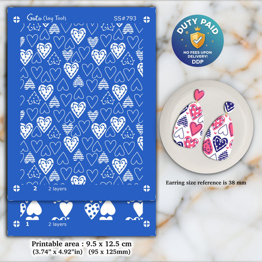 Heart Silkscreen for Polymer Clay Earrings: Valentine's Day Stencil (9.5x12.5cm) SS#793