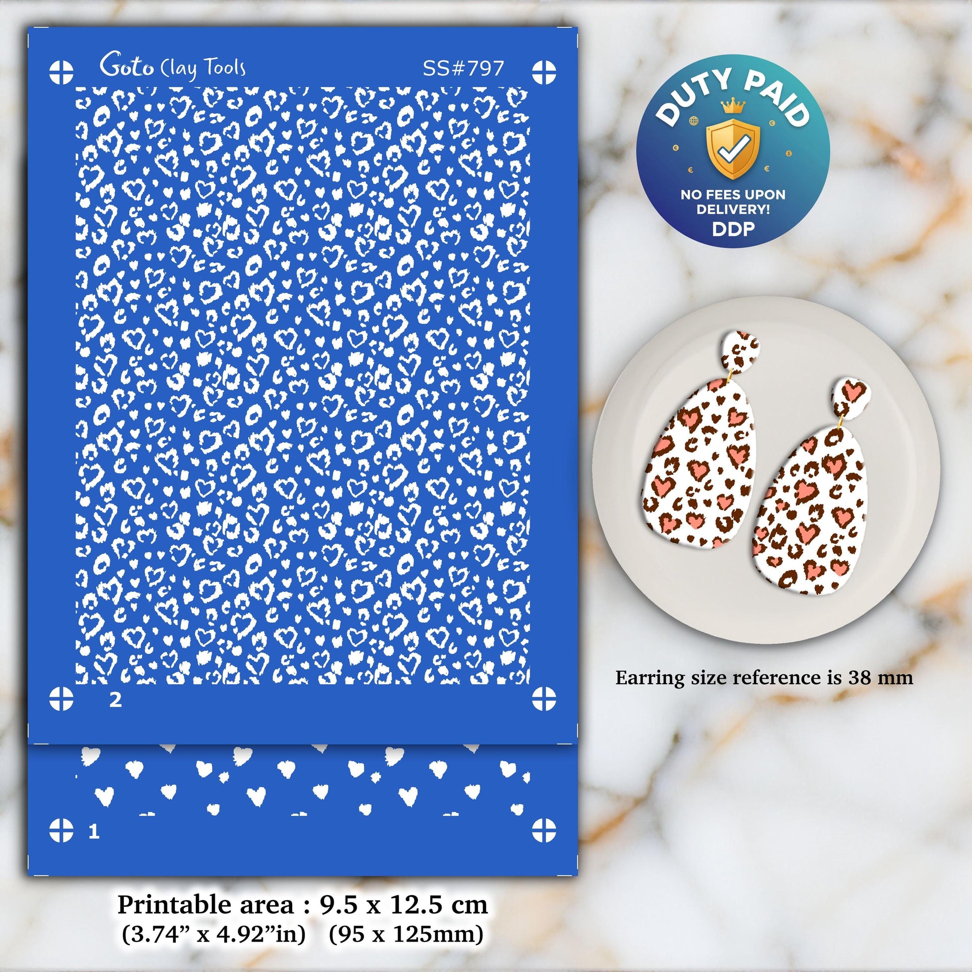 Heart Leopard Silkscreen for Polymer Clay Earrings: 2-Layer Stencil SS#797