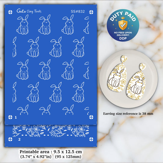 Easter Bunny Silkscreen for Polymer Clay Earrings: 9.5x12.5cm SS#832