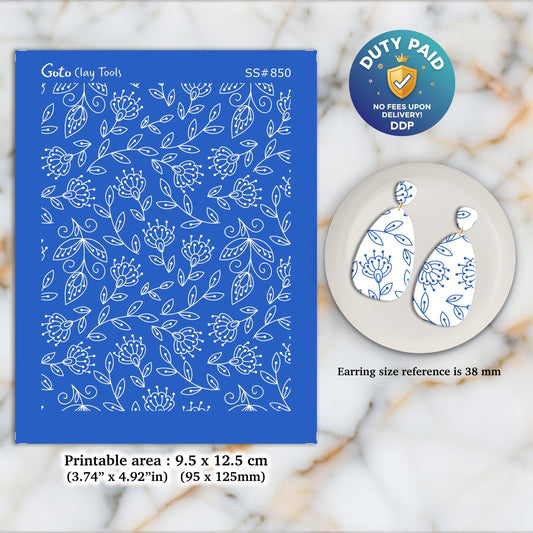 Floral Silkscreen for Polymer Clay Earrings: Jewelry Making Stencil SS#850
