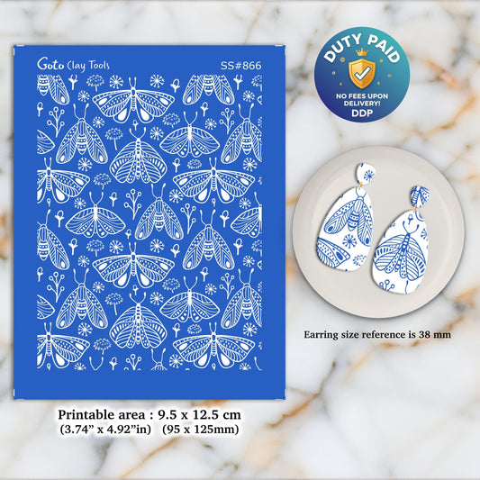 Moths Silkscreen for Polymer Clay Earrings: Stencil for Jewelry Making SS#866