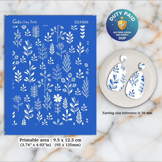 Leaves Silkscreen for Polymer Clay Earrings: Jewelry Making Stencil SS#868