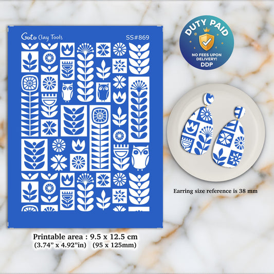 Folk Art Silkscreen for Polymer Clay Earrings: Stencil SS#869