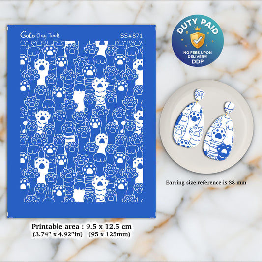 Cat Paws Silkscreen for Polymer Clay Earring making, Clay Stencils, Clay Earring Silkscreen, Polymer Clay Supplies SS#871