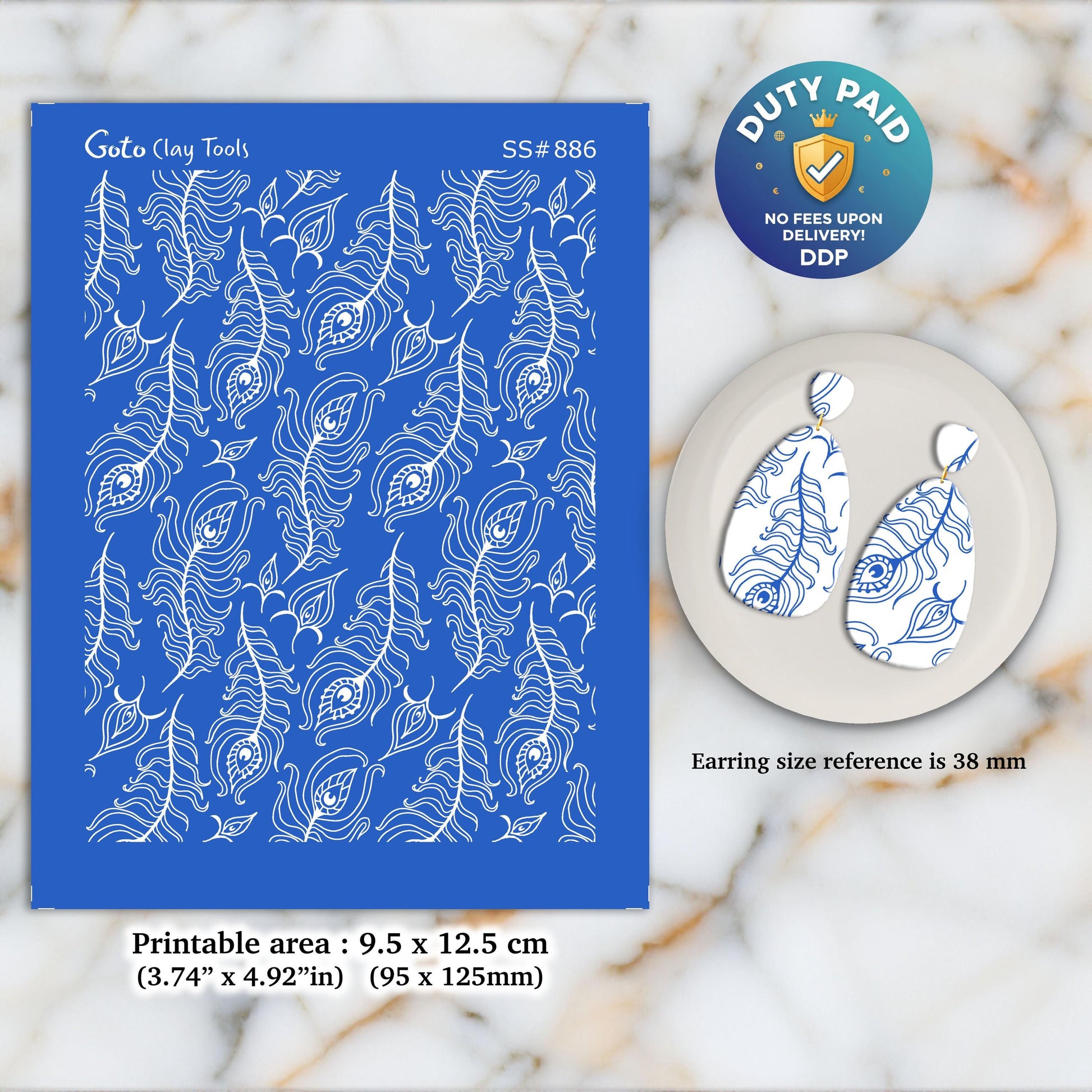 Peacock Feather Silkscreen for Polymer Clay Earrings: Jewelry Making Stencil SS#886