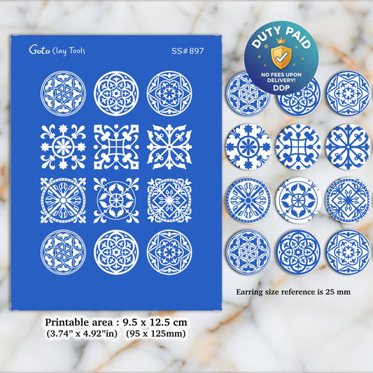 Tile Silkscreen for Polymer Clay Earring making, Clay Stencils, Clay Earring Silkscreen, Polymer Clay Supplies SS#897