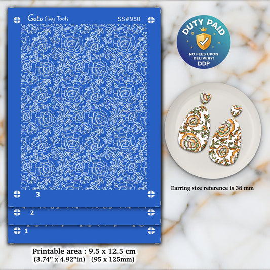 Indian Floral Silkscreen for Polymer Clay Earrings: Clay Stencil (9.5x12.5cm) SS#950